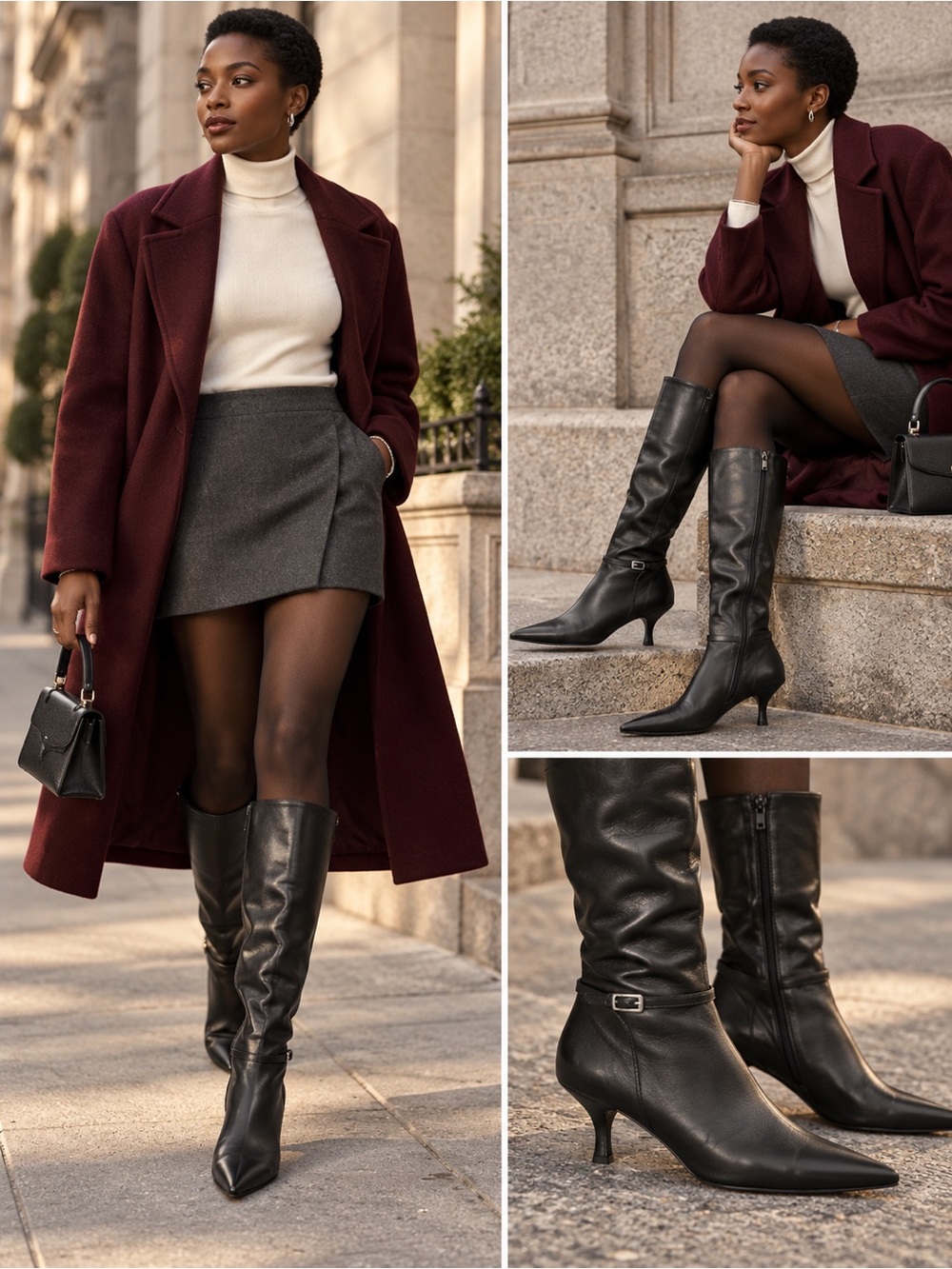 Franco Fortini Black Leather Knee-High Pointed Toe Heeled Boots